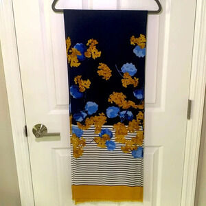 Talbots scarf- navy and white stripes with gold and blue floral accents